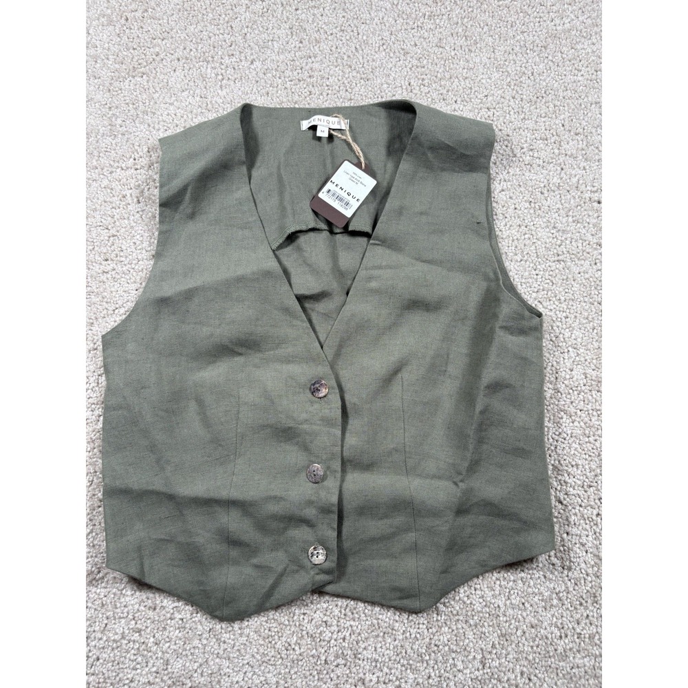 NWT MENIQUE Ava Linen Vest Waistcoat M Stone Green Tailored V-Neck Button Front